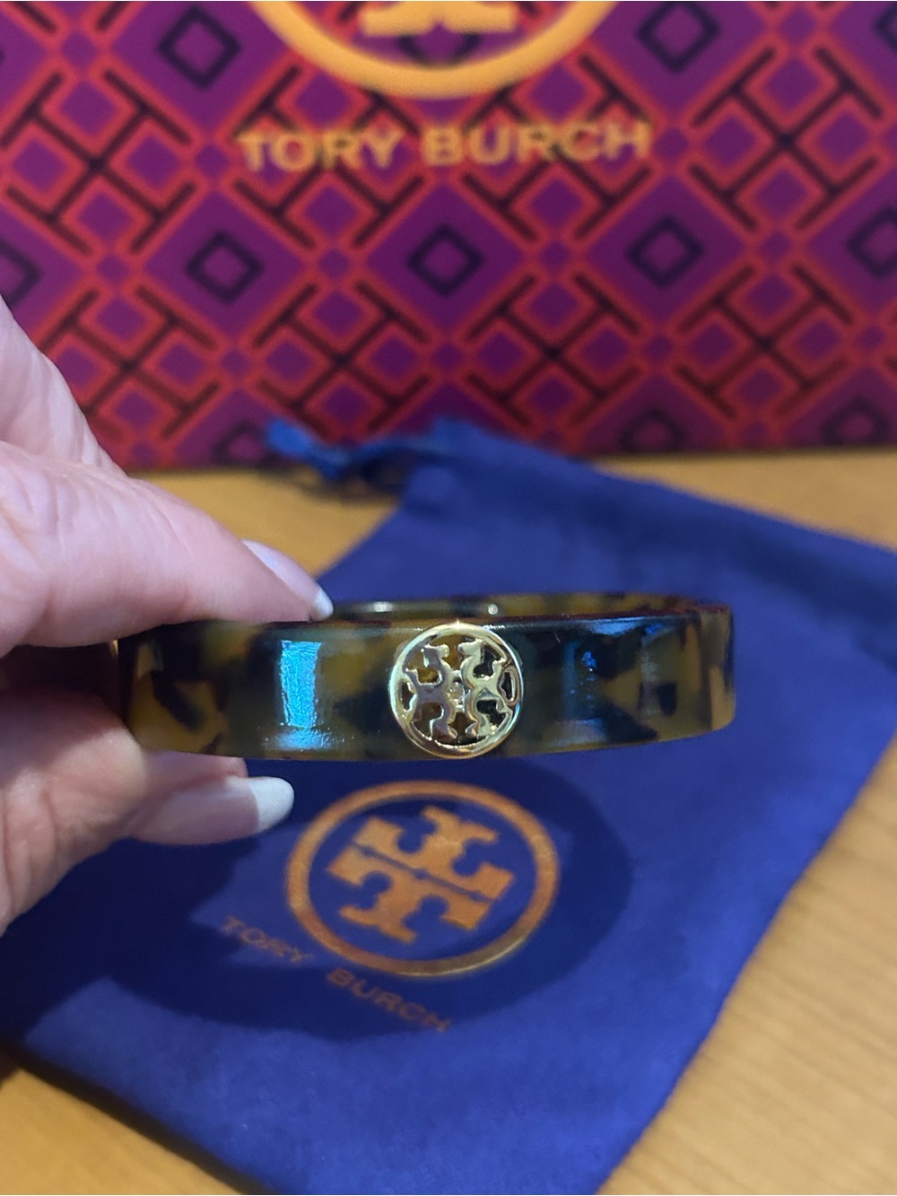 Tory Burch Tortoiseshell Resin Bracelet with Gold Logo Accent